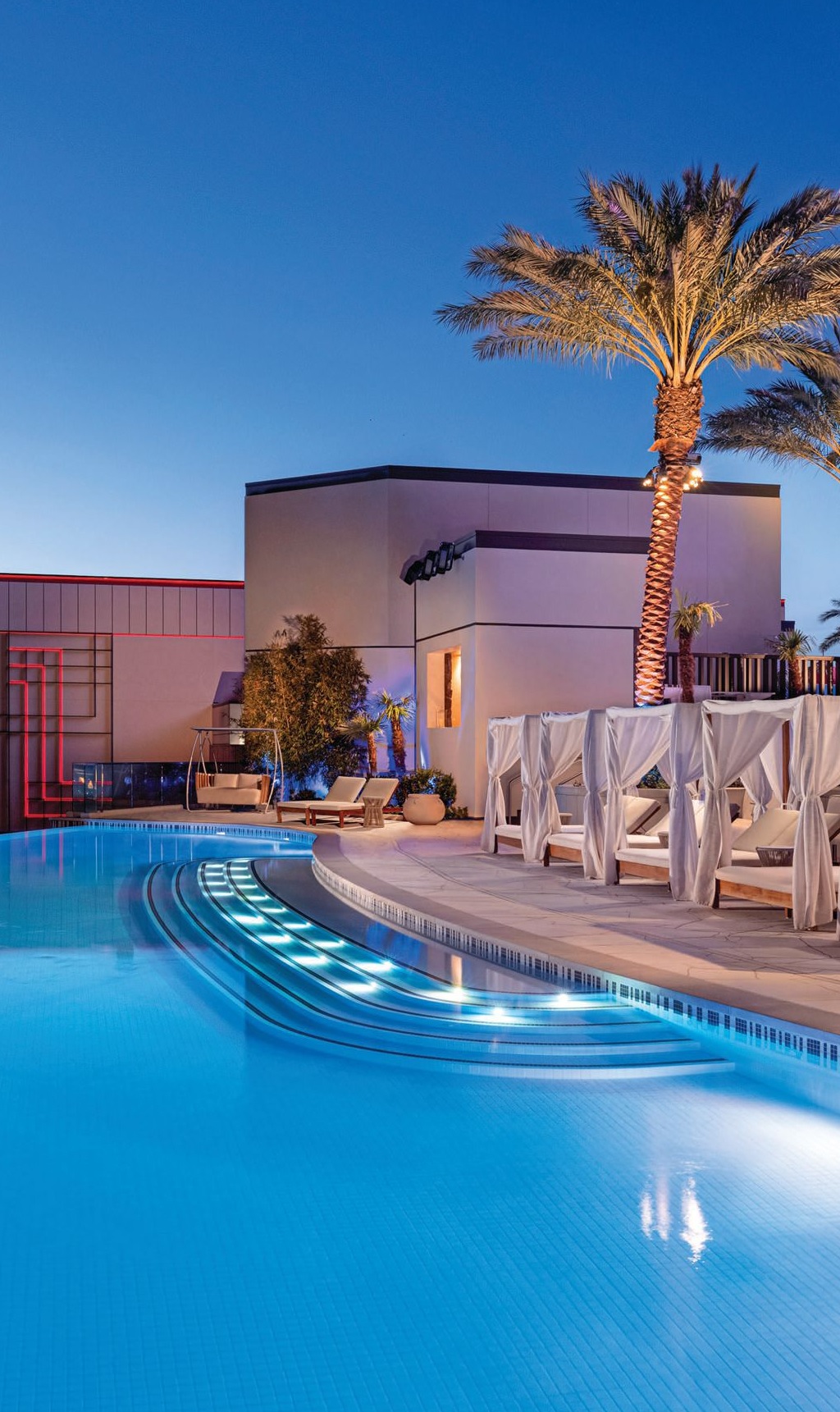 The infinity pool at Resorts World Las Vegas features primo Strip views. PHOTO COURTESY OF RESORTS WORLD LAS VEGAS