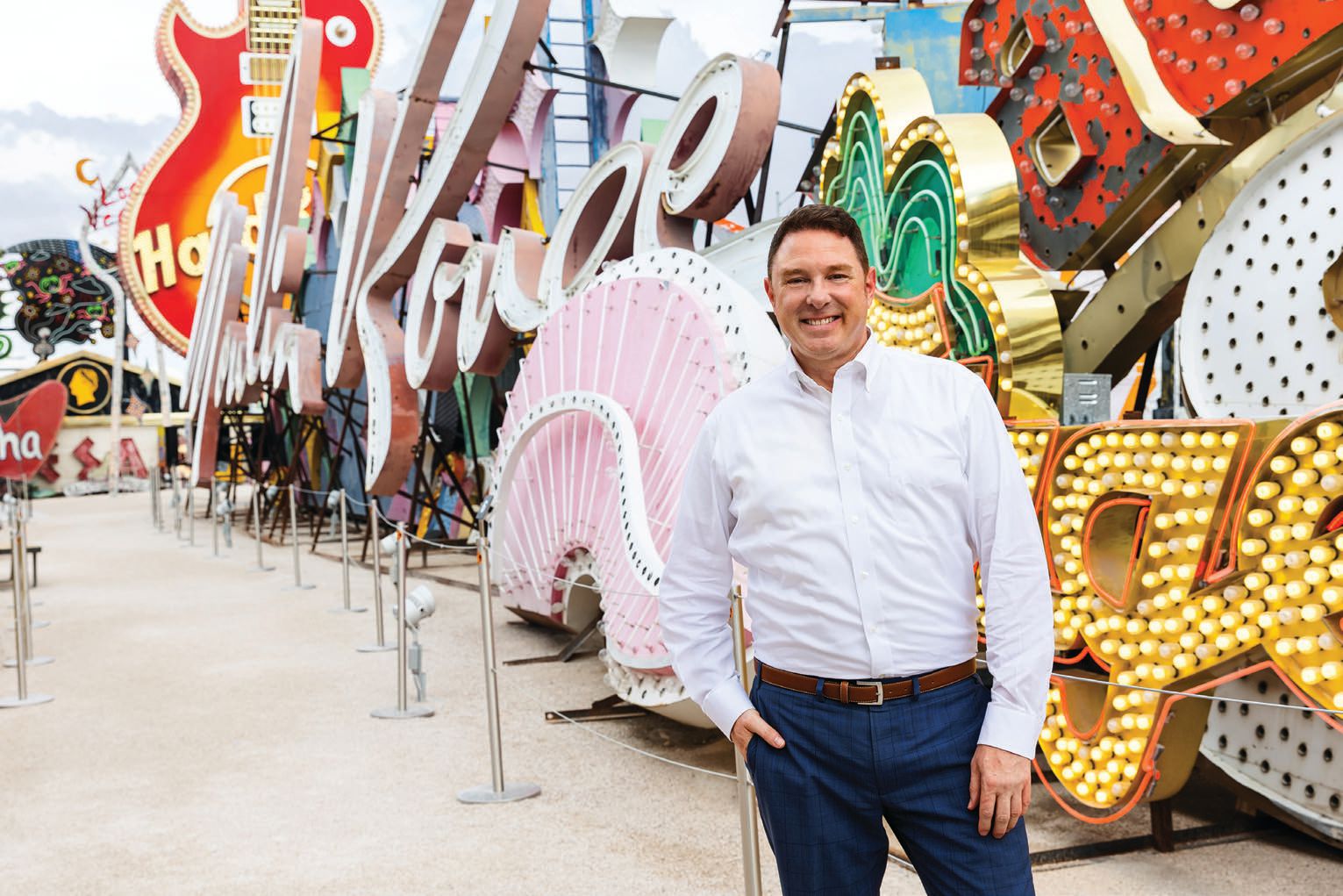 “For sheer impact, my favorite piece at The Neon Museum has to be the Hard Rock Café guitar,” says Aaron Berger. “Standing at over 80 feet tall, this piece towers over the Boneyard.” PHOTO COURTESY OF THE NEON MUSEUM