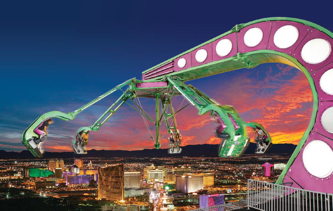 At the Strat’s Insanity, a mechanical arm extends 64 feet over the edge of the SkyPod, spinning passengers at speeds of up to 3 G’s up to an angle of 70 degrees. PHOTO COURTESY OF THE STRAT