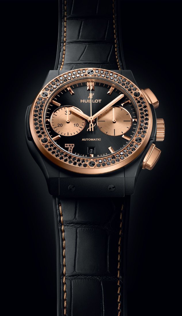 Hublot’s Classic Fusion Chronograph Las Vegas Boutique Diamonds watch is limited to seven pieces and is set with 126 black diamonds. PHOTO COURTESY OF HUBLOT